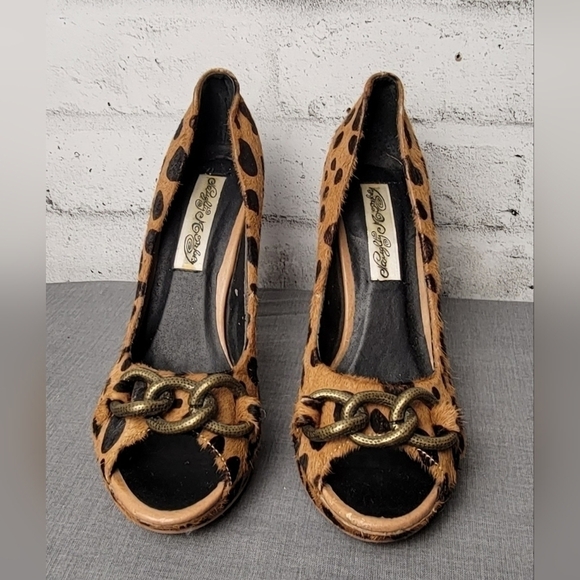 NAUGHTY Monday Faux Fur Leppard Print Peep Toe Platform Heel with Chain … - Picture 4 of 11